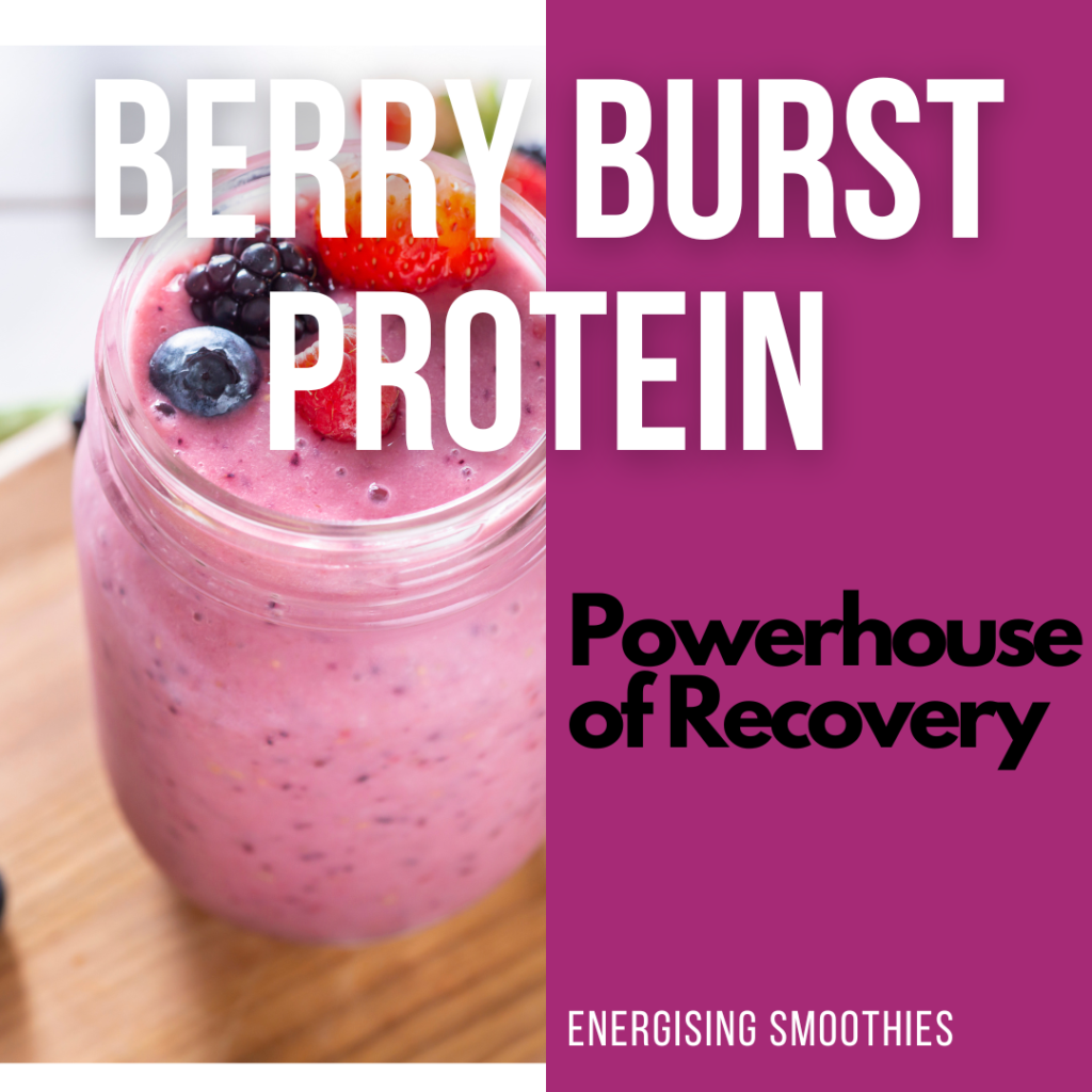 A luscious Berry Burst Protein Smoothie in a glass. The vibrant blend features frozen mixed berries and cherries, creating a rich and colorful concoction. A scoop of vanilla protein powder and almond butter add a creamy texture and protein punch