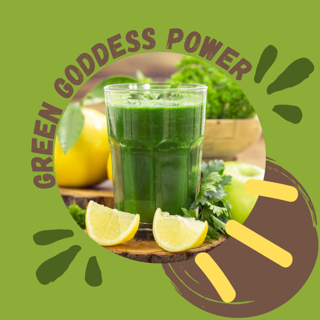 Green Goddess Power Smoothie: A nutritious blend of kale, cucumber, green apple, and lemon for an energising burst of greens. #GreenGoddessPower