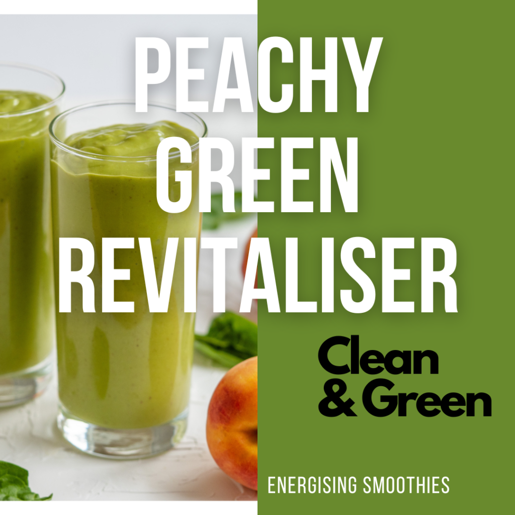 A refreshing Peachy Green Revitaliser Smoothie in a glass. The smoothie showcases a delightful blend of frozen peach slices, cucumber, banana, and spinach, creating a harmonious fusion of flavours.