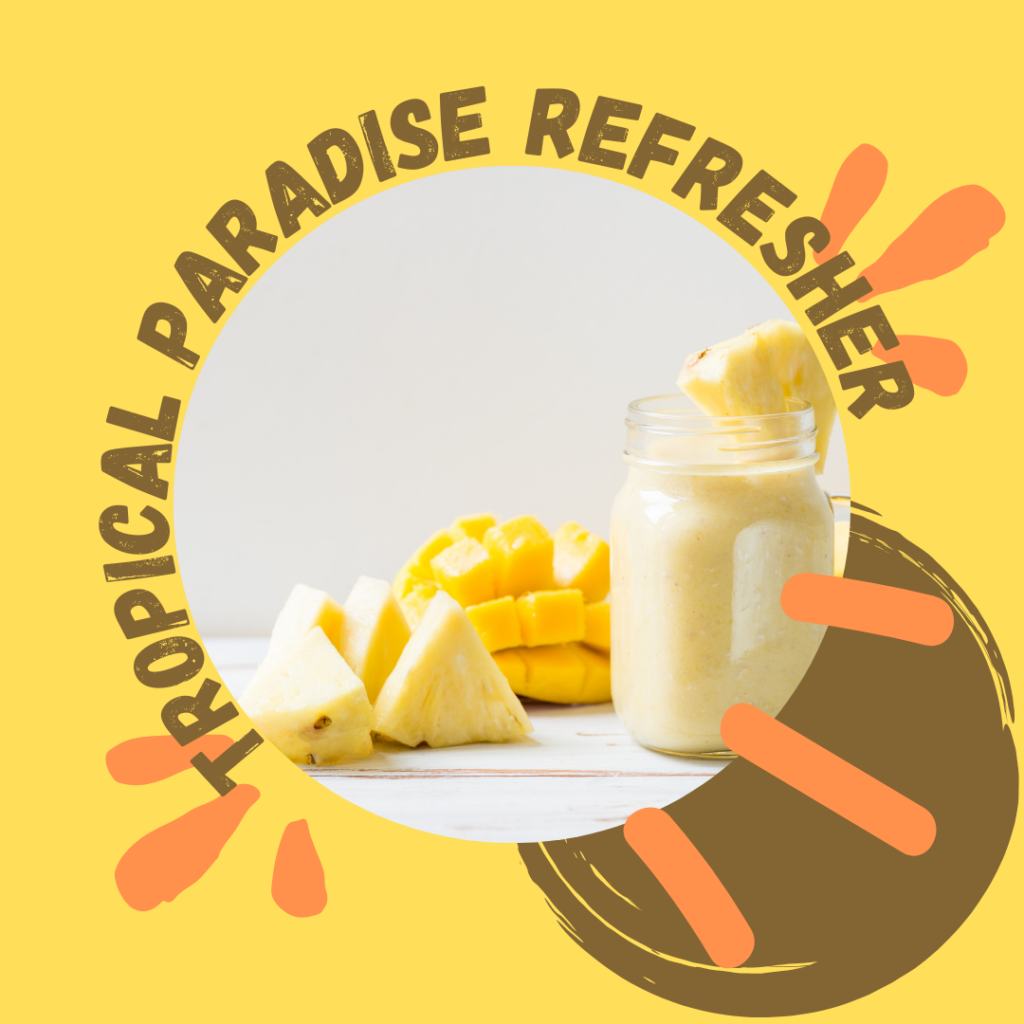 Colorful tropical smoothie with pineapple, mango, coconut water, and spinach, a refreshing blend for a tropical paradise experience.