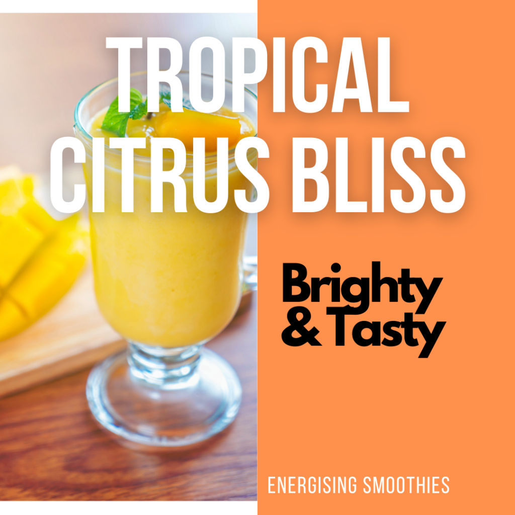 An invigorating Tropical Citrus Bliss Smoothie in a glass. The smoothie is a vibrant blend of frozen mango, pineapple, and banana, creating a tropical medley. A sprinkle of chia seeds adds texture, while the smoothie is garnished with a slice of fresh orange on the rim of the glass.