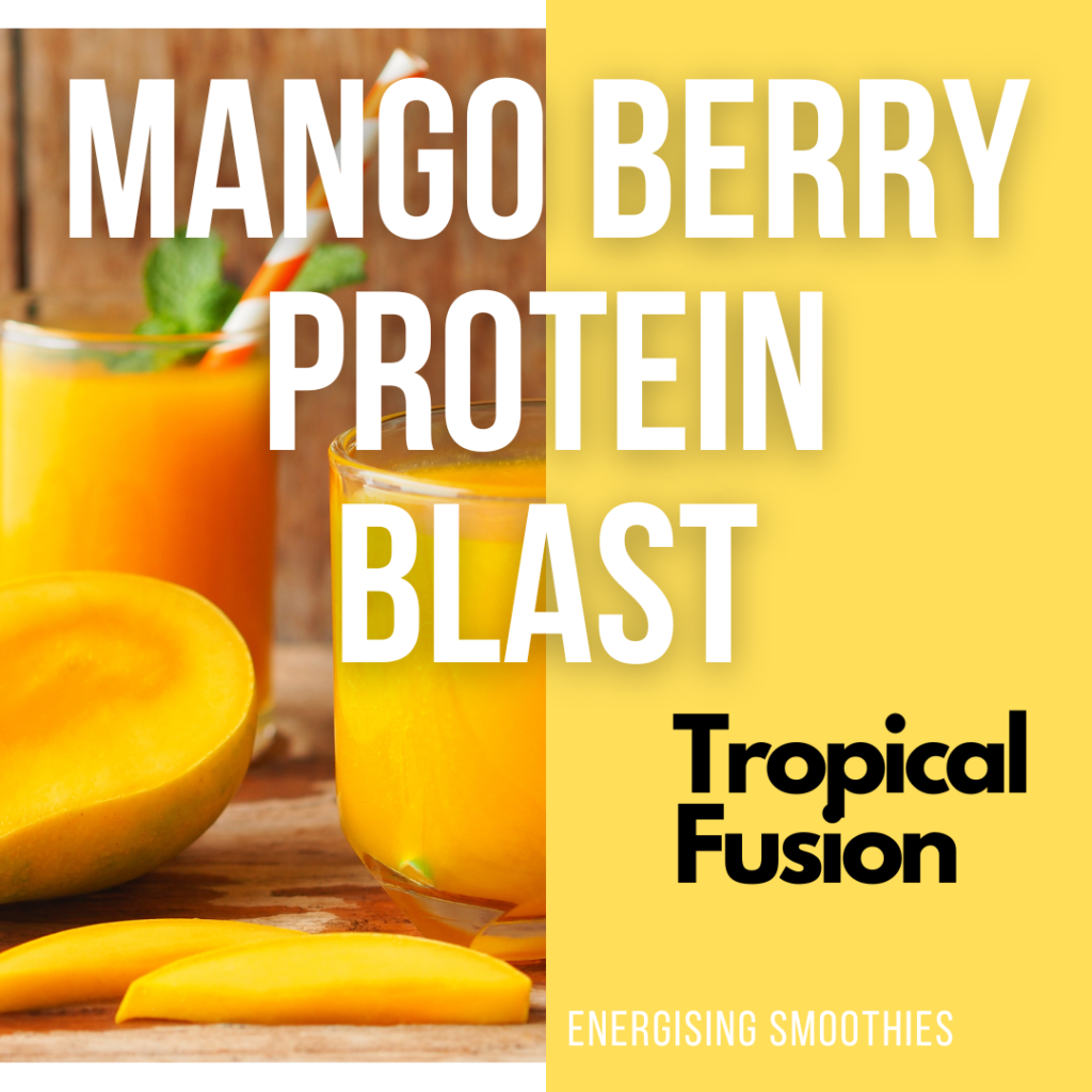 A vibrant Mango-Berry Protein Blast Smoothie in a glass. The smoothie is a luscious blend of frozen mango chunks and mixed berries, delivering a burst of color and antioxidants. A scoop of vanilla protein powder and a dollop of almond butter provide a protein-packed punch.