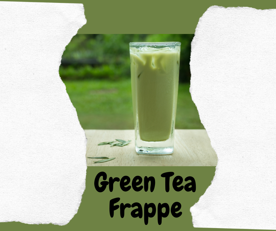 Picture of green tea frappe, blended with healthy ingredients.