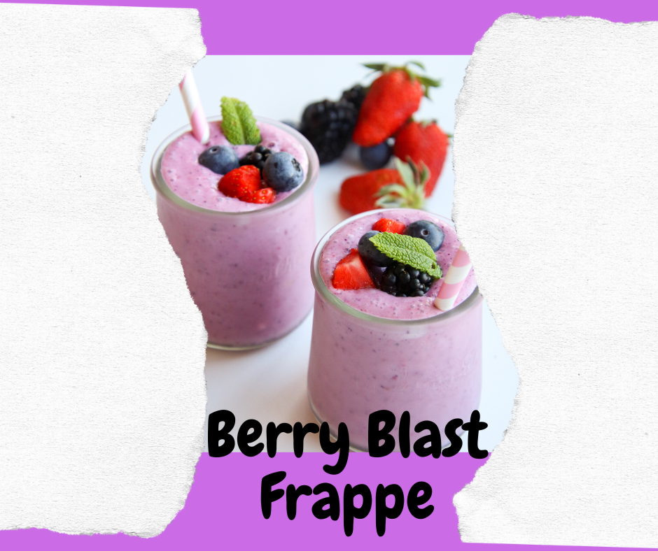 Picture is of a Berry blended frappe, bright pink in colour with dazzle of berries topped on the glass.