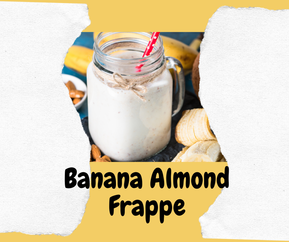 Picture of a glass with banana and almond frappe texture. Yellow and cream in colour.